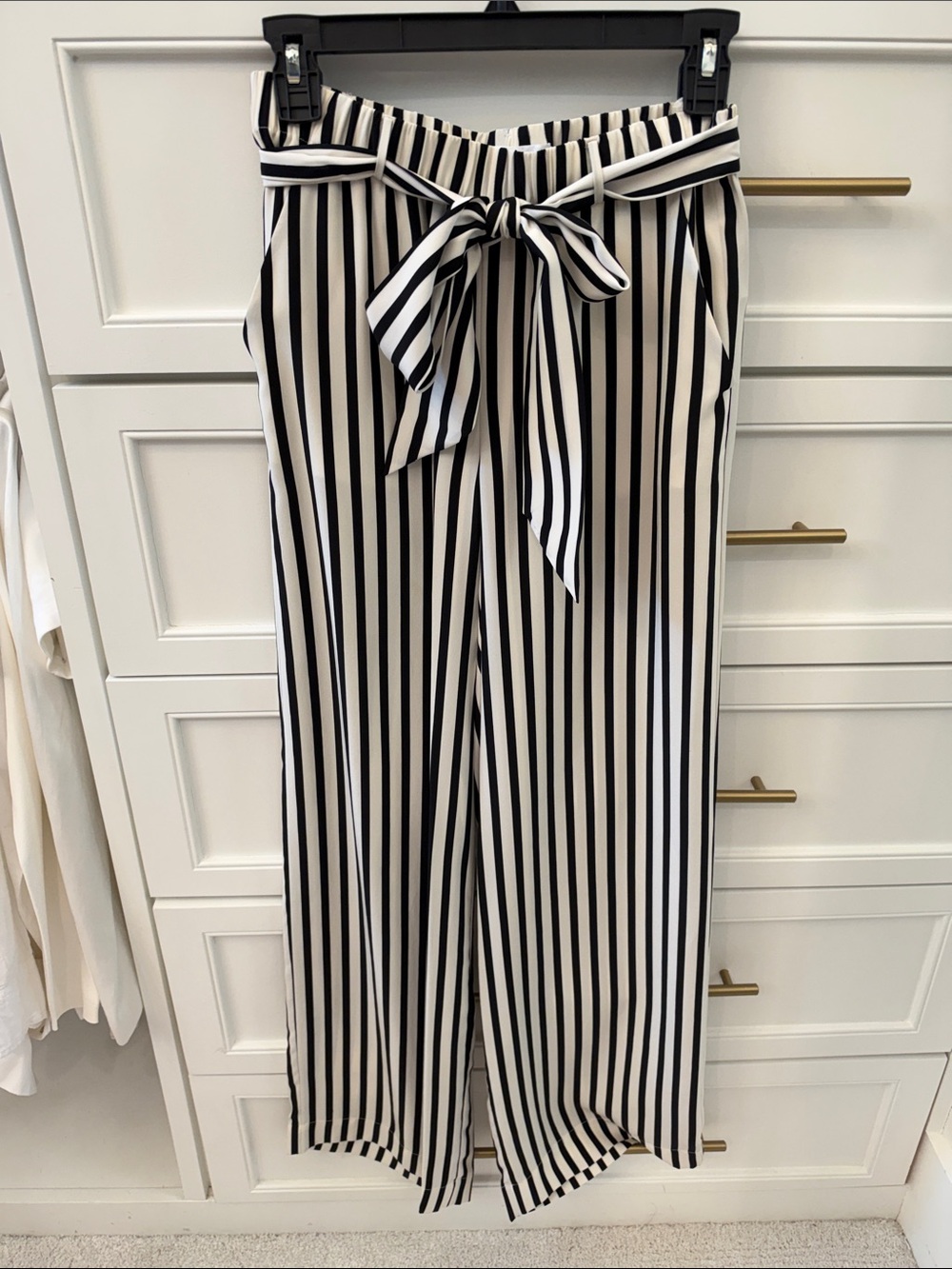 Frame Denim Black & White Vertical Stripe Paperbag Wide-Leg Pants